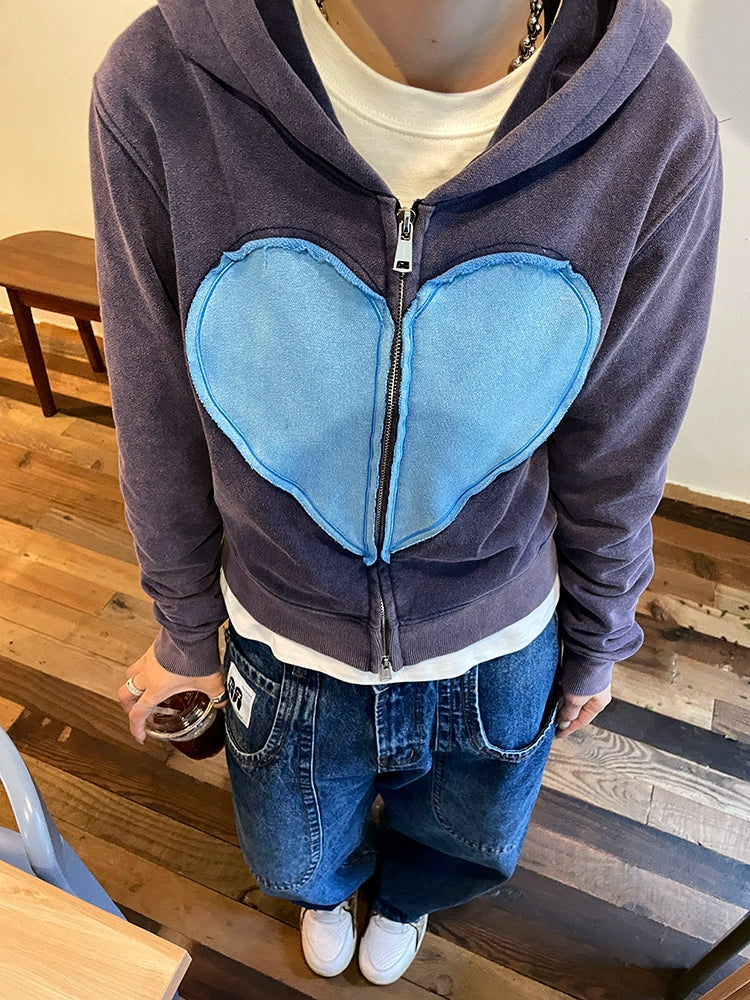 MMBBT Love Stitching Retro Hooded Zipper Jacket