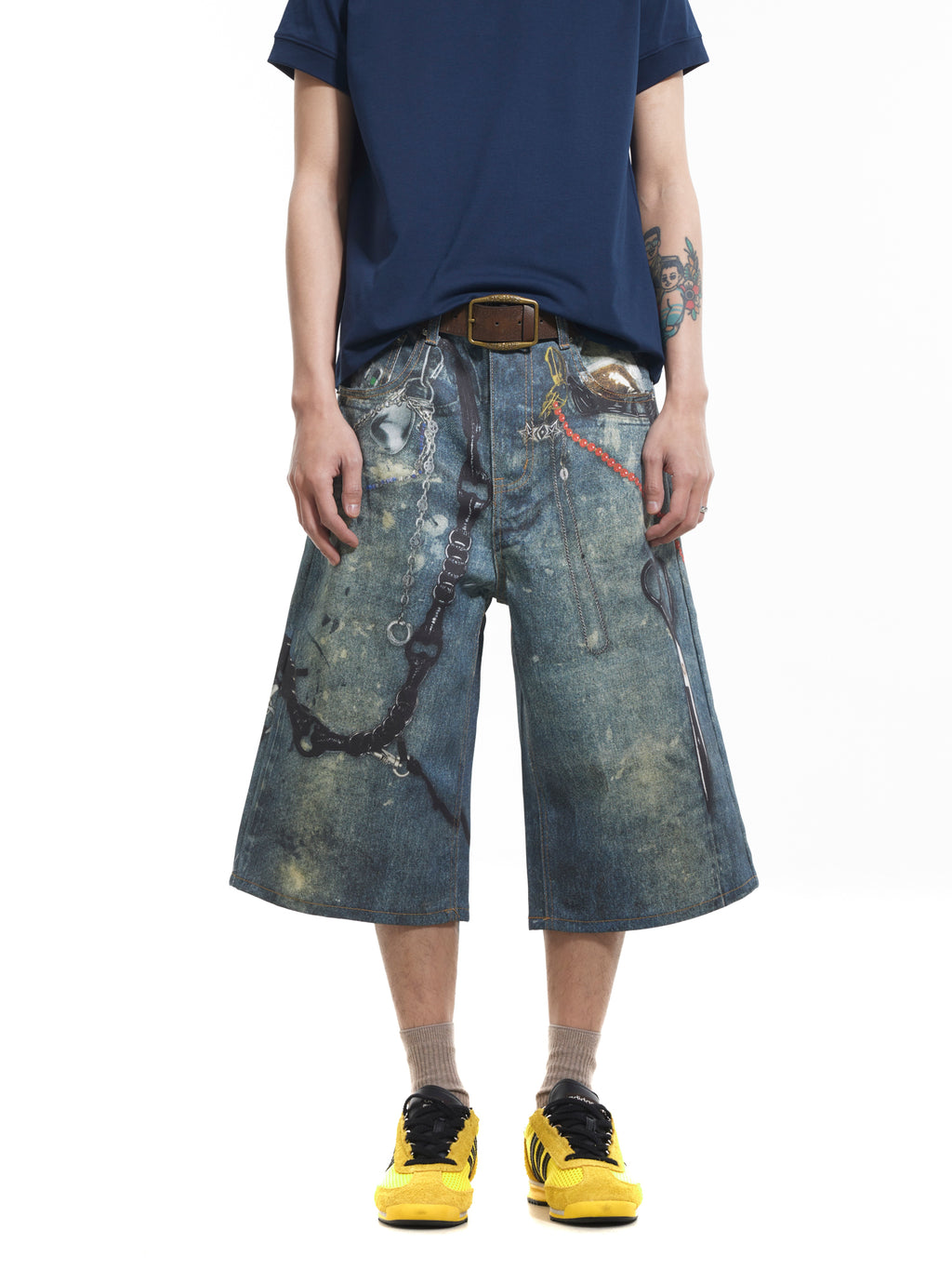 BTSG 3D digital printing ink splashing chain denim shorts