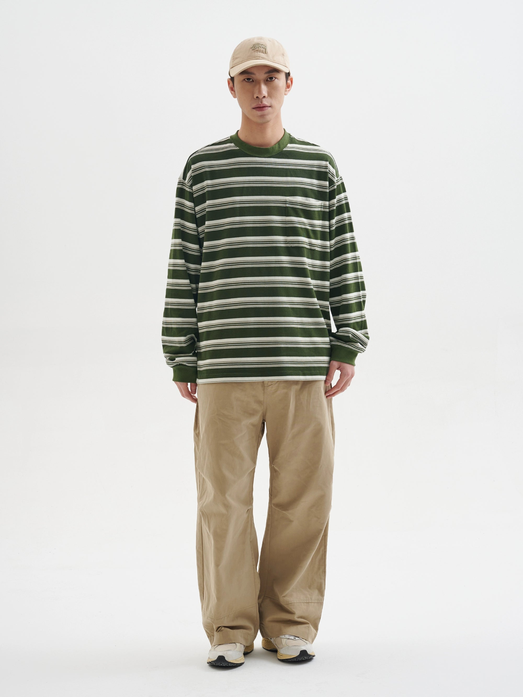 BUTTBILL stripes Japanese crew neck loose silhouette Long Sleeve Tee