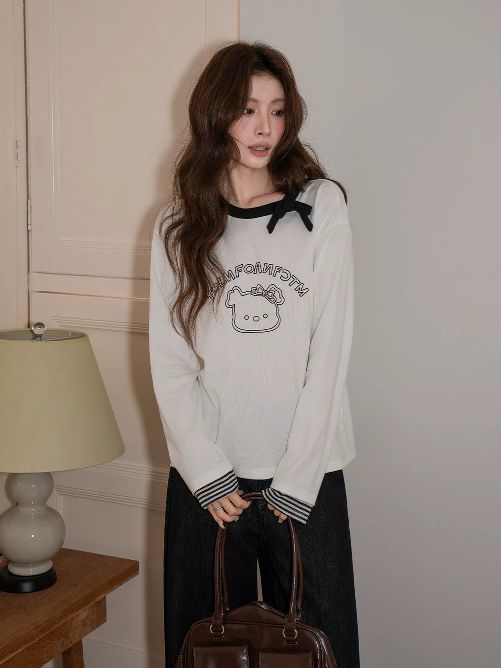 XUJING Bow Crew Neck Print Splicing Long Sleeve