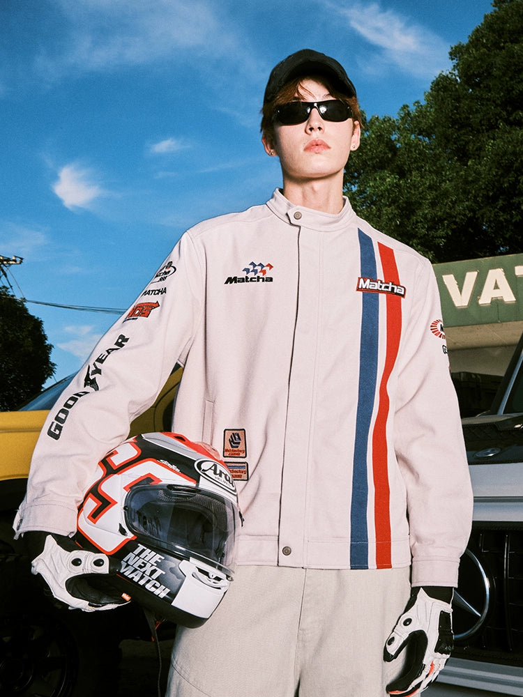 MATCHA STORY Motorcycle Racing Style Embroidered Stand-up Collar Jacket