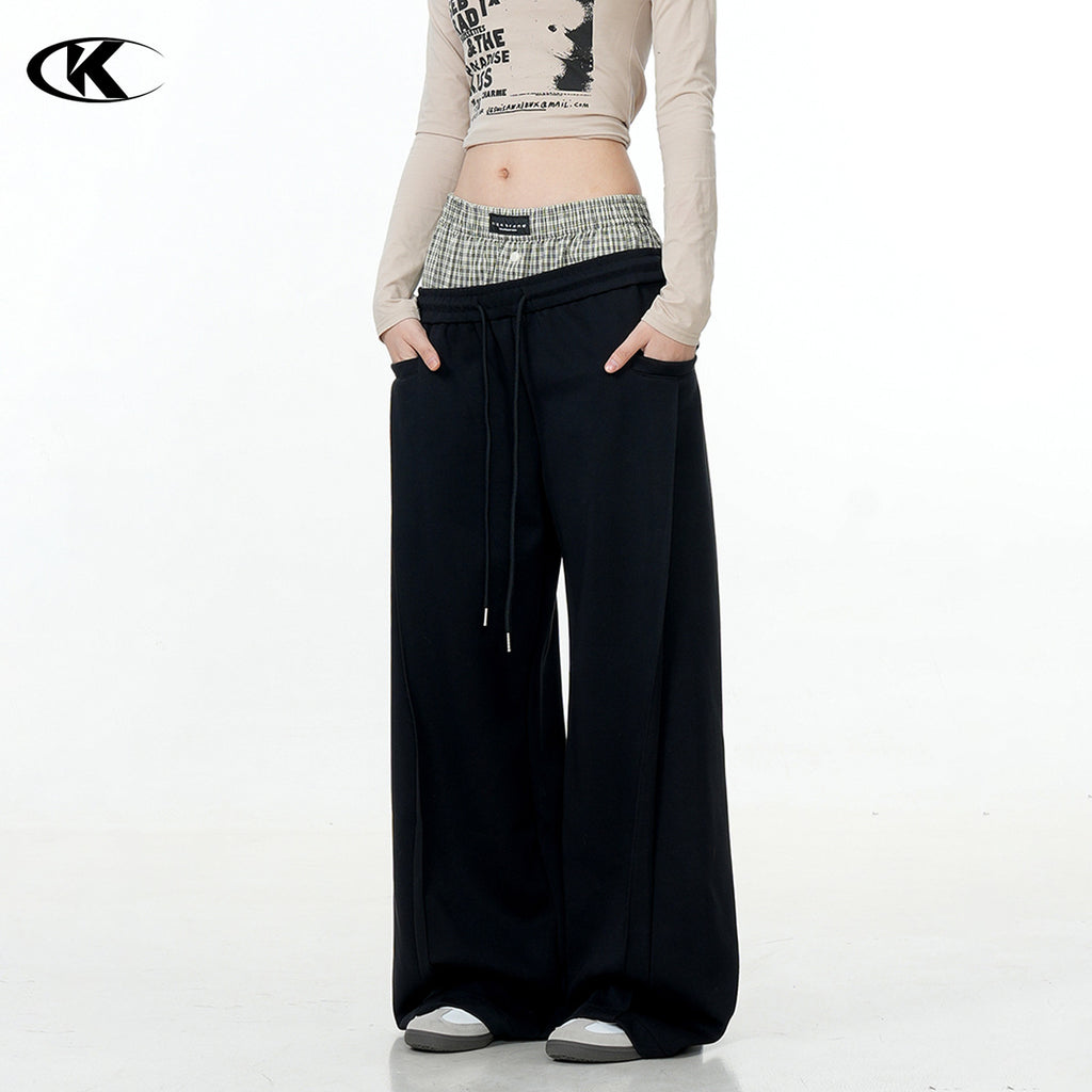 11KN double waist splicing black casual pants