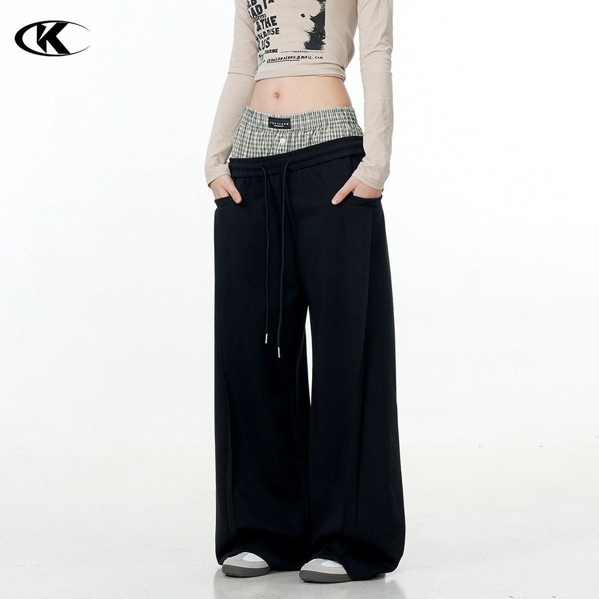 11KN double waist splicing black casual pants