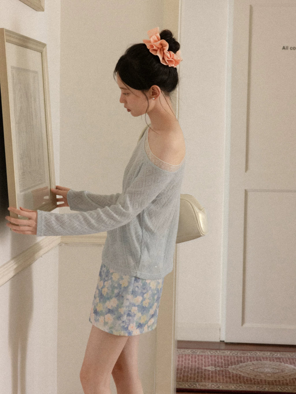 Cantonstory Slanted Shoulder Lace Sequin Cut-out Long Sleeves