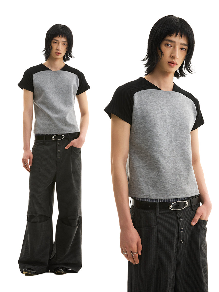 FUNKYFUN contrasting curved shoulder splicing V-neck tee