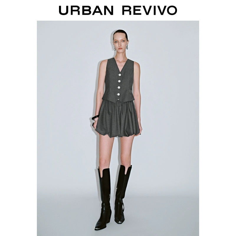 URBAN REVIVO Gray Metal Buckle V-neck Sleeveless Dress