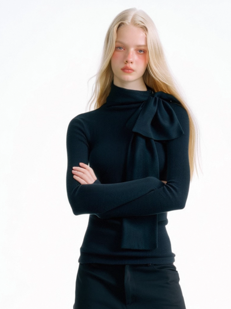 SUREENOUGH Bow Ribbon Knitted Bottom Long Sleeve
