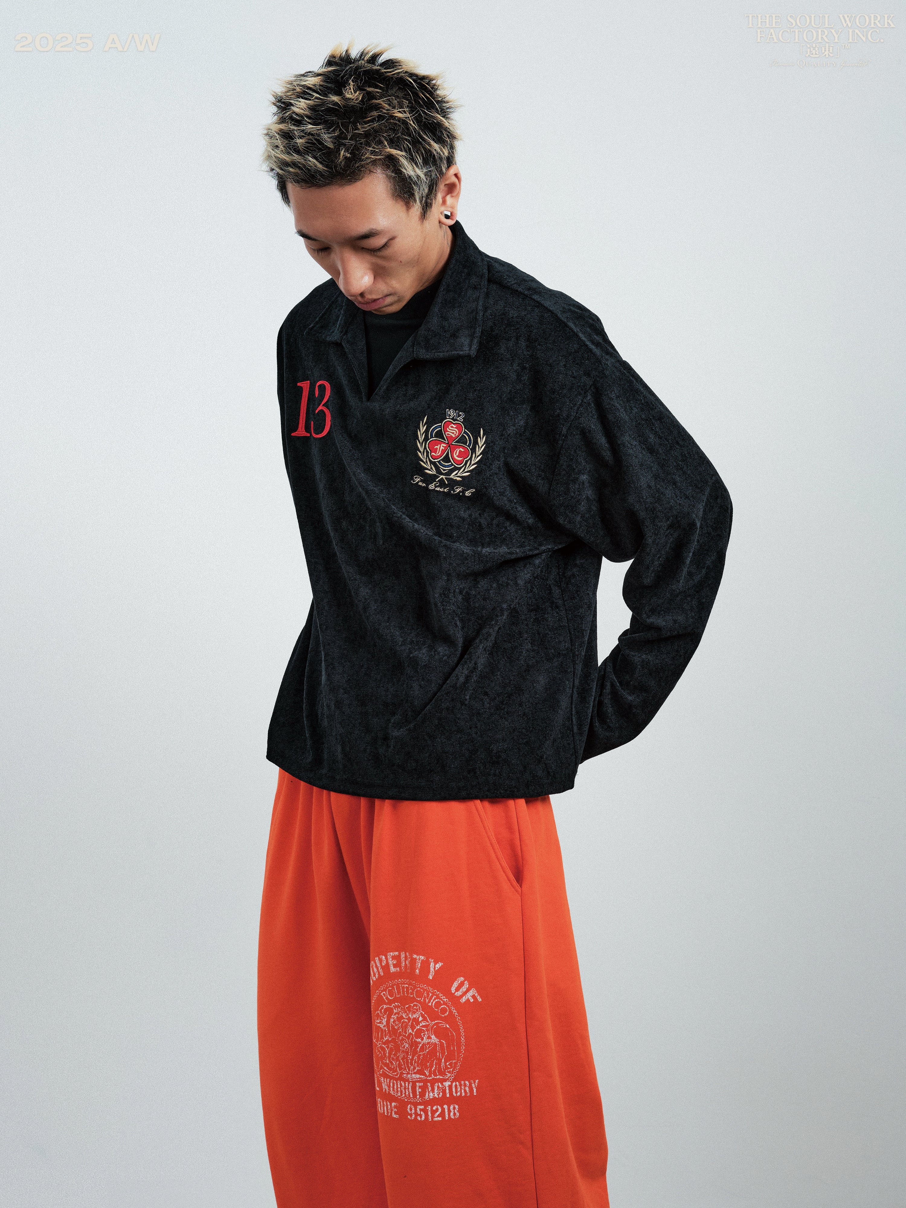 SWFI Towel Fleece Emblem Lazy Open Neck POLO Shirt Long Sleeve