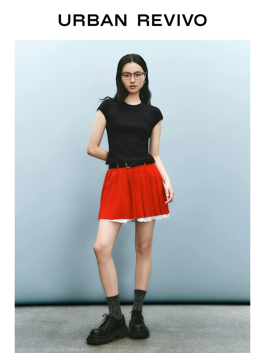 URBAN REVIVO Fashion Versatile Solid Color Slim Crew Neck Tee