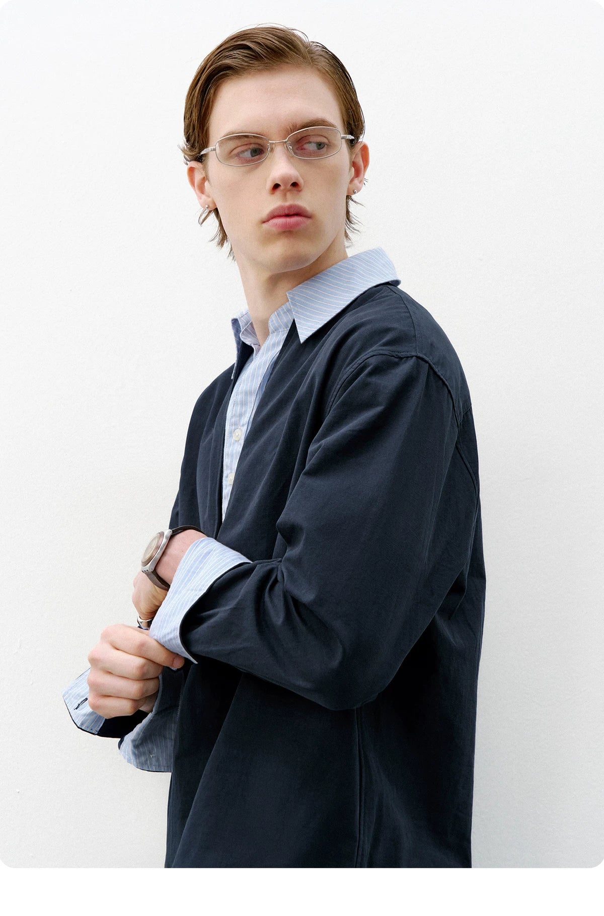 714Street linen blend V-neck fake two-piece shirt