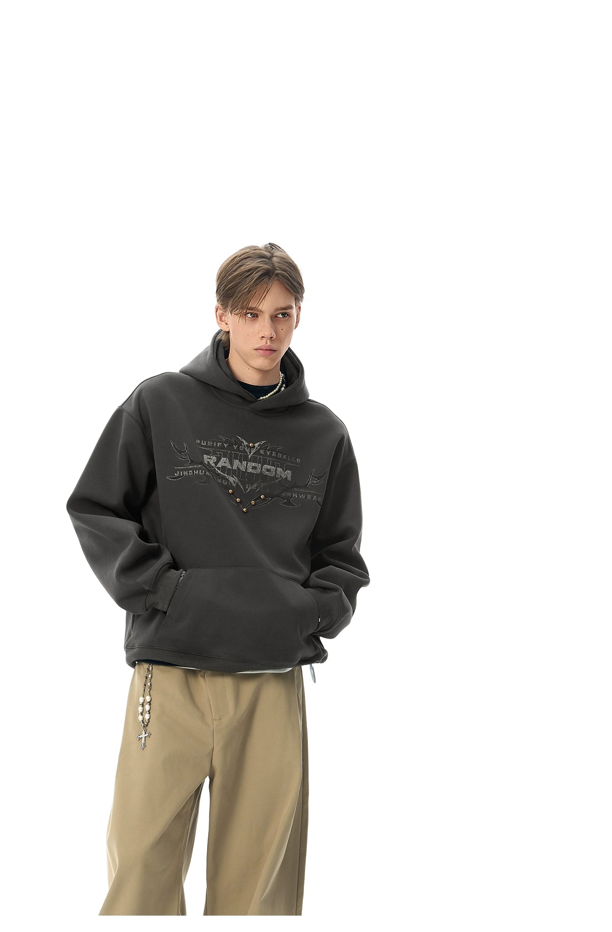 JHYQ Retro Rivet Letter Print Hooded Sweater