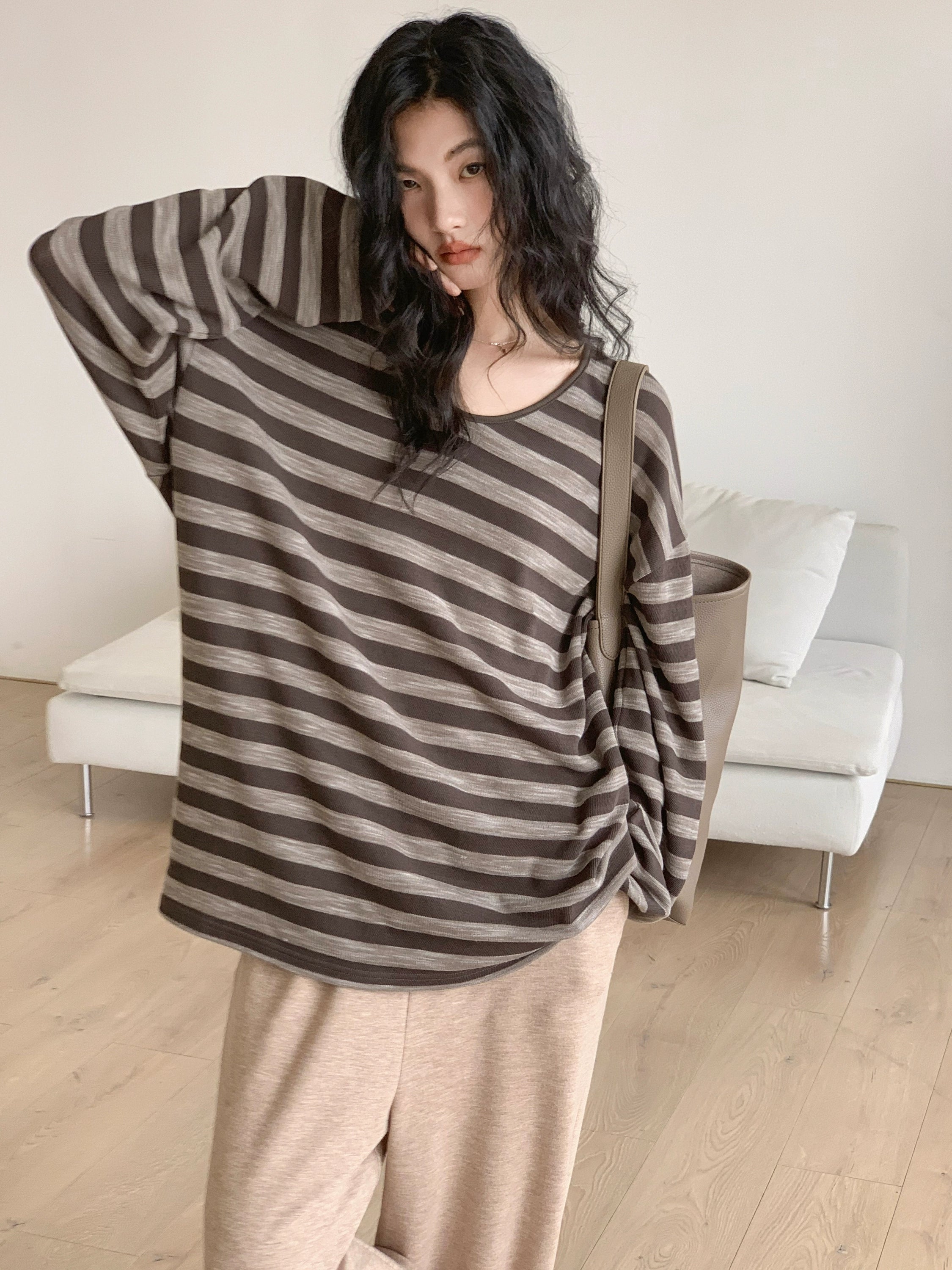 EM Vintage Striped V-Neck Loose Temperament Long Sleeve