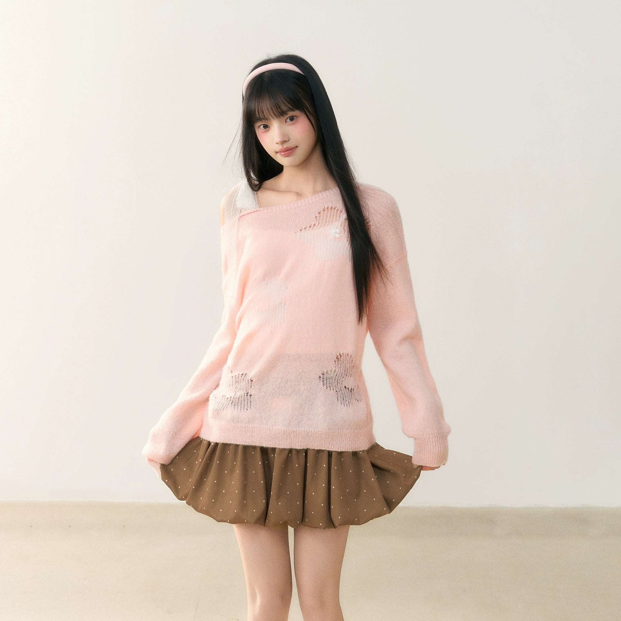 Umoumo Sweet Lace-up Knit Blouse