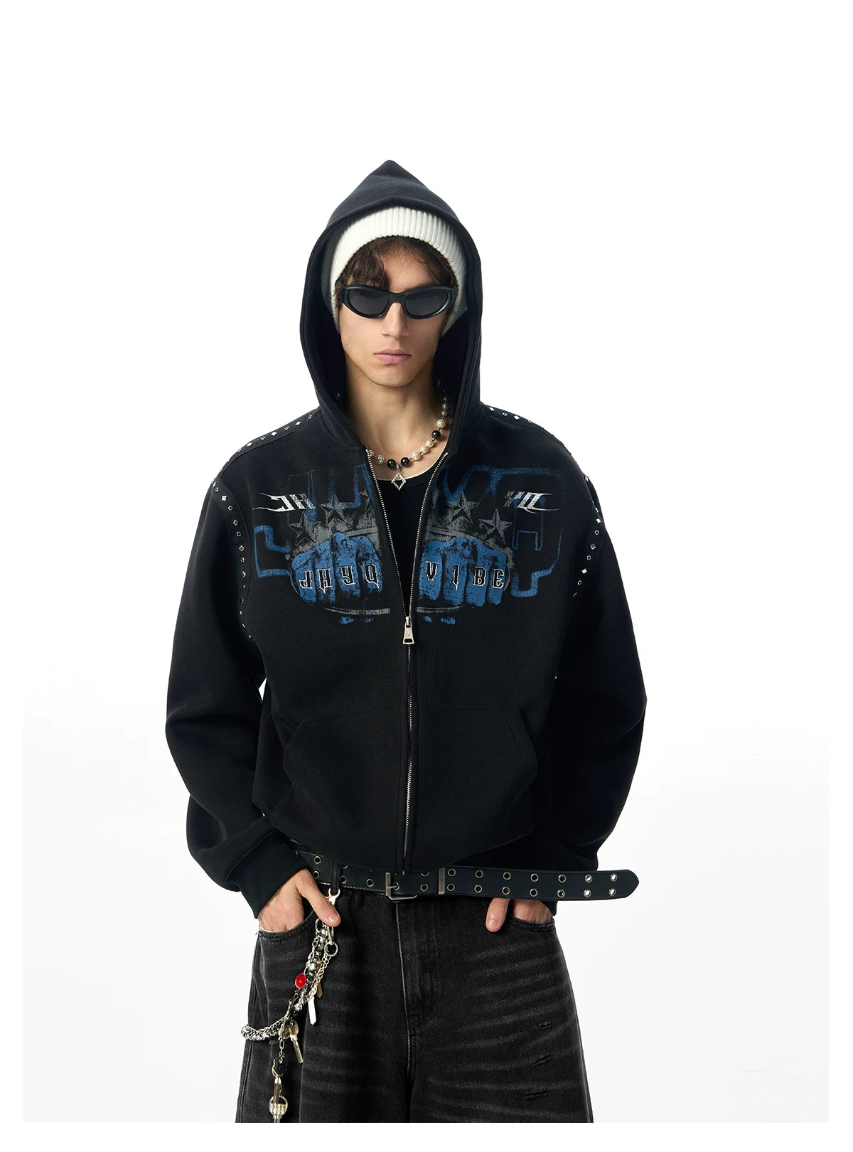 JHYQ Men's Fist Print Hooded Zipper Cardigan Sweater