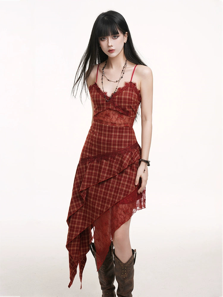 LADYGHOST Irregular Plaid Suspender Dress