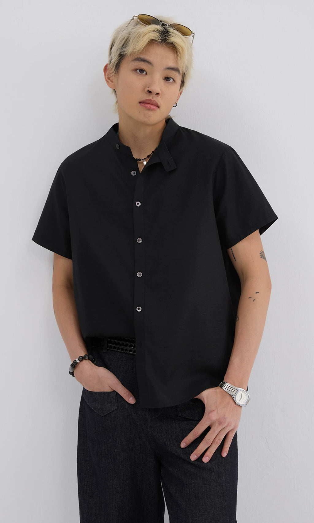 Sameuoo Stand-up Collar Linen Casual Shirt