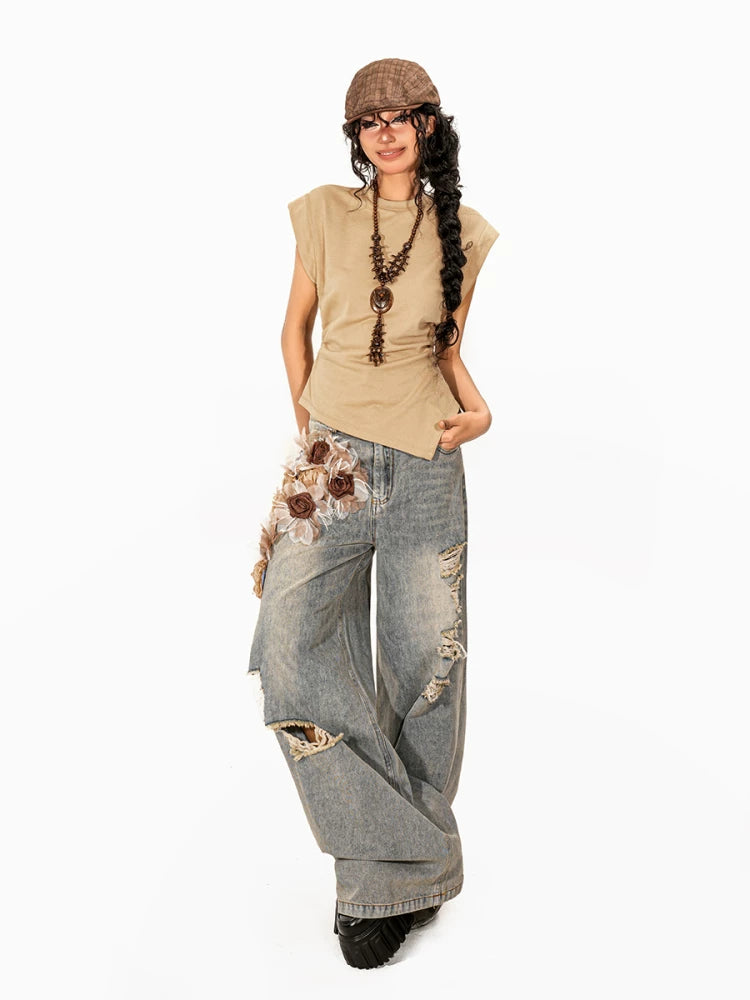 Arielink Three-dimensional Flower Ripped Floor Mopping Jeans