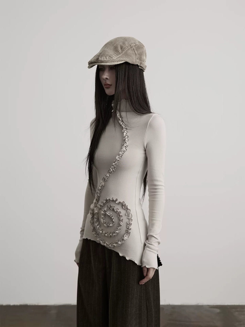 INDULGE Pleated Flared Sleeves Stand Neck Slim Long Sleeves