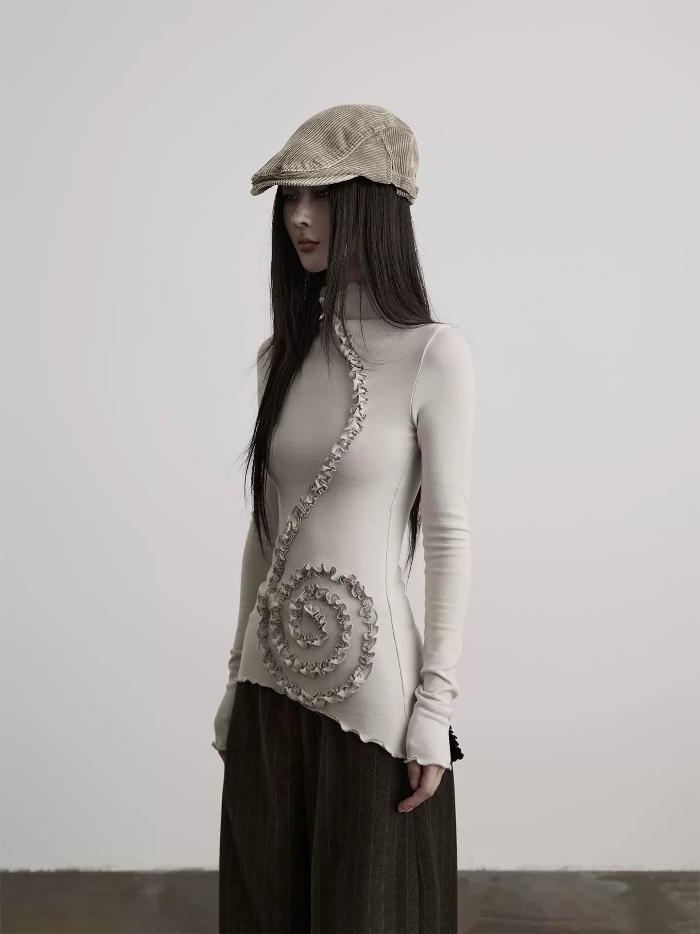 INDULGE Pleated Flared Sleeves Stand Neck Slim Long Sleeves