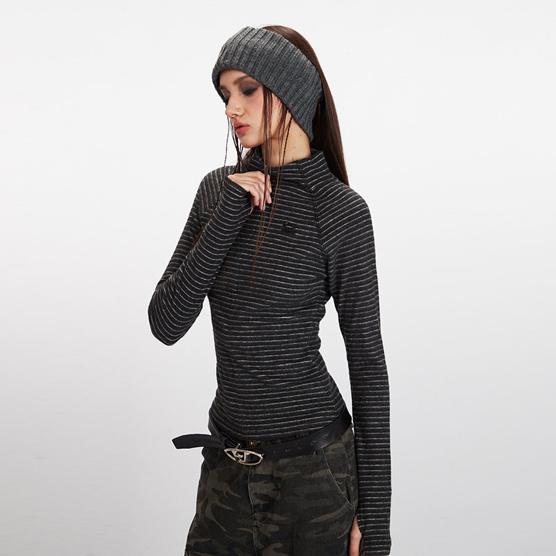 Nariele Stand Neck Slim Fit Striped Sports Long Sleeve