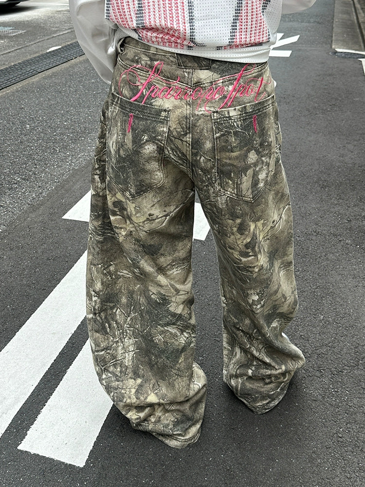 EAHO Letter Embroidered Twig Camouflage Slacks