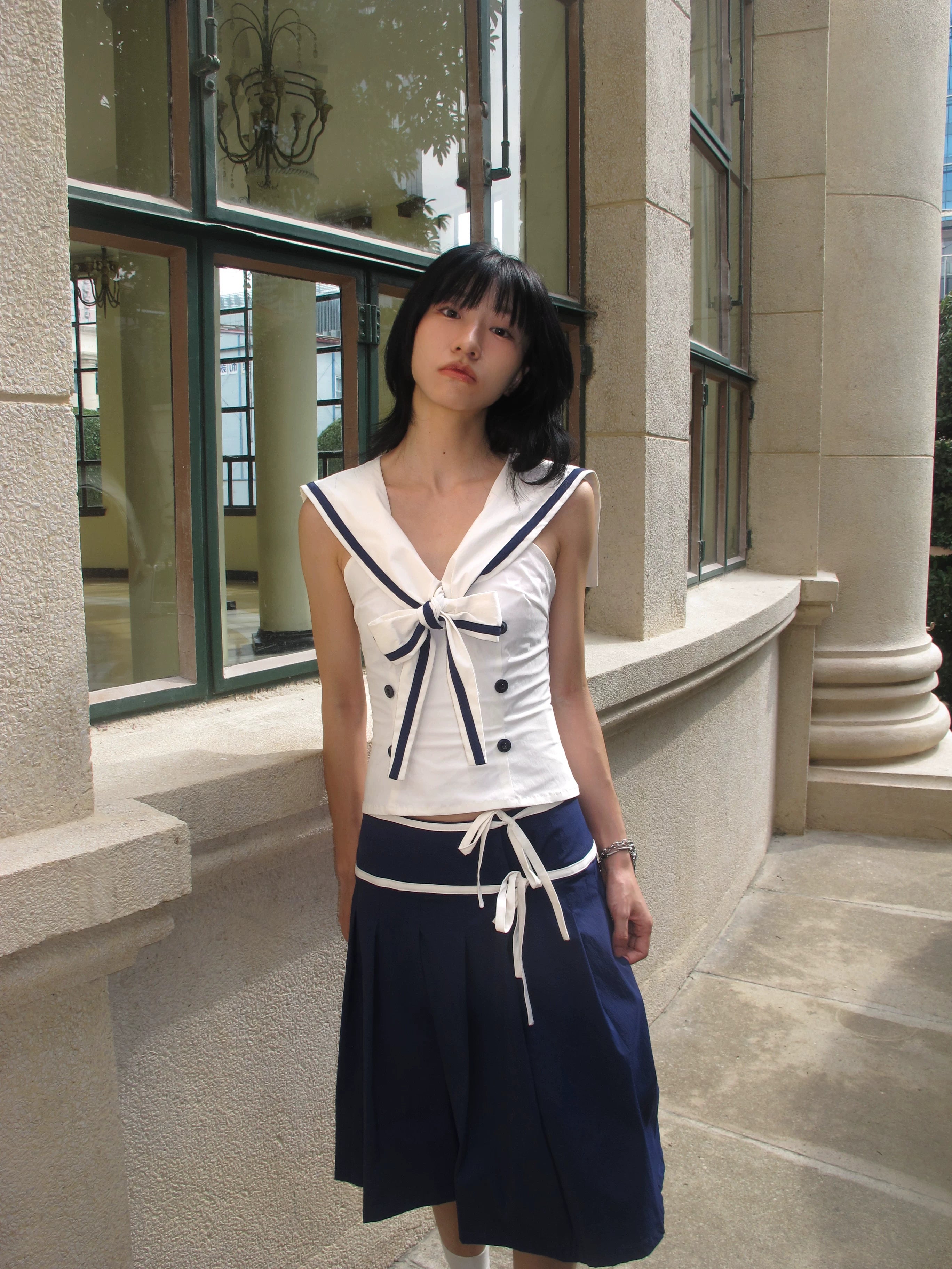 Enteralt Waist Vest Lace-up Pleated Skirt Set