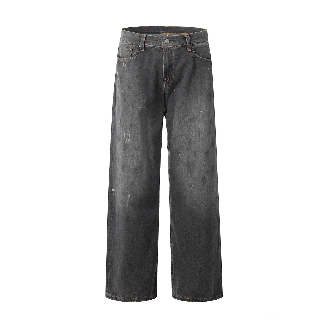 11KN High-grade Washed Retro Dirty Straight Ink-splashed Denim Jeans