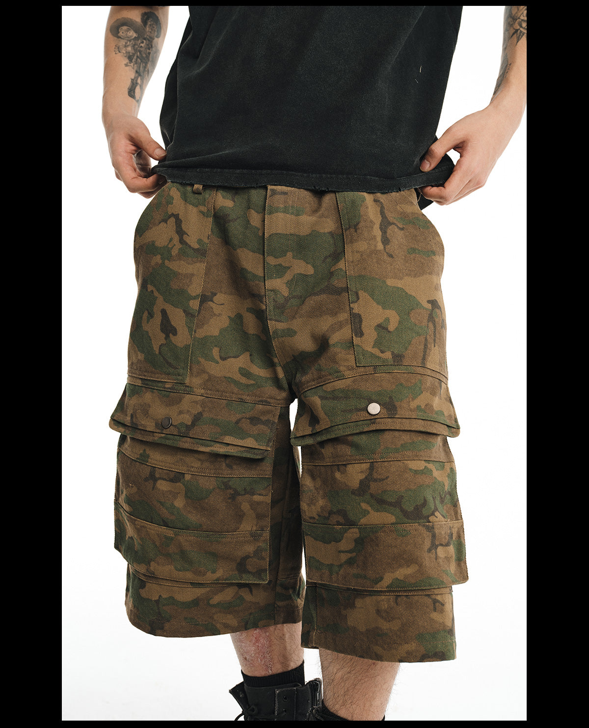 NOVACAM wasteland wind retro camouflage baggy heavy mottled old black cropped pants