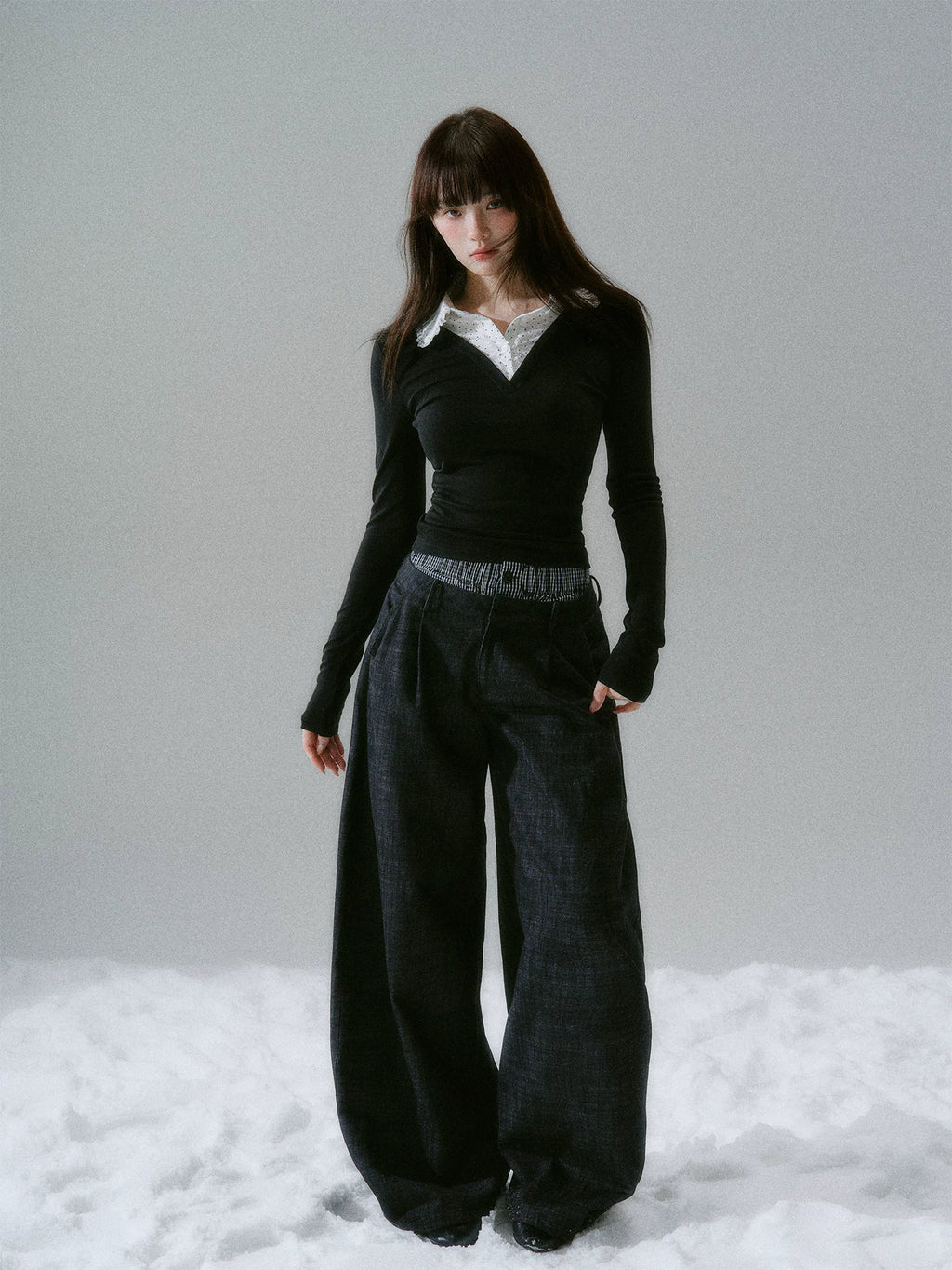 LOST FOREST Splicing Doll Crew Neck Lace Stretch Long Sleeve