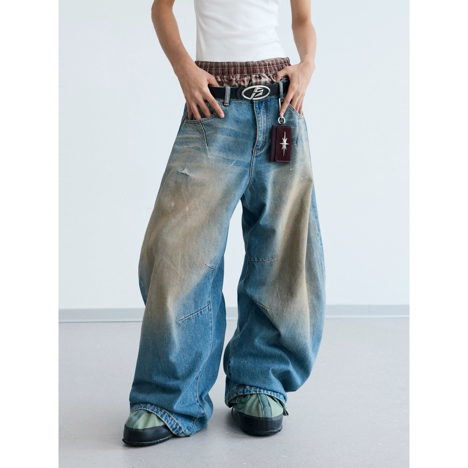 PEOPLESENSE Yellow Mud Dyed Dirty Scimitar Washed Wide Leg Jeans
