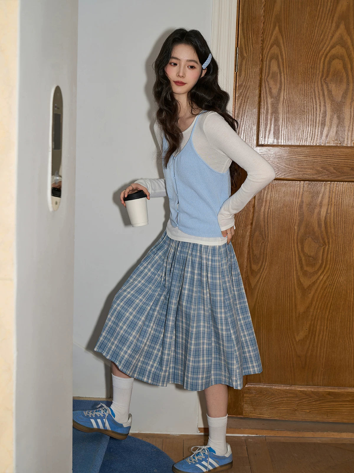 XUJING High Waist Drape Plaid Skirt