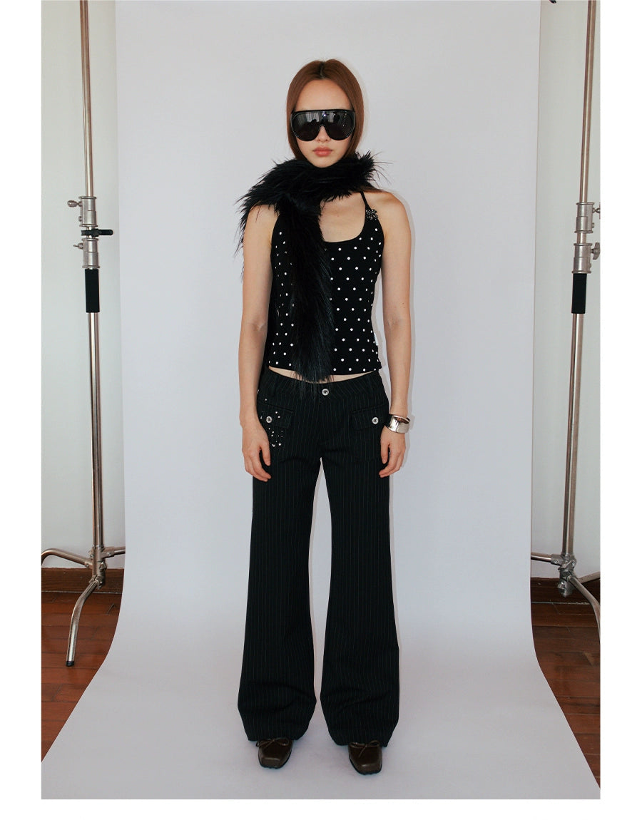 FUNKYFUN Medium and Low Waist Hot-drilled Pinstriped Flared Pants