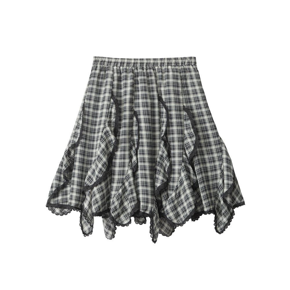 Nariele Korean Irregular Lace Plaid Skirt