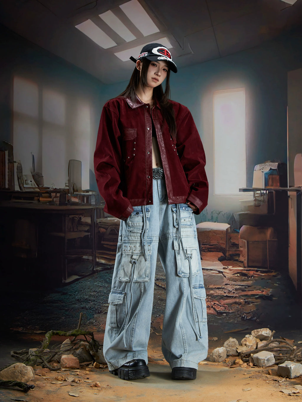 NOMANIAI Rivet Streamer Wash Water Do Old Multi-pocket Jeans