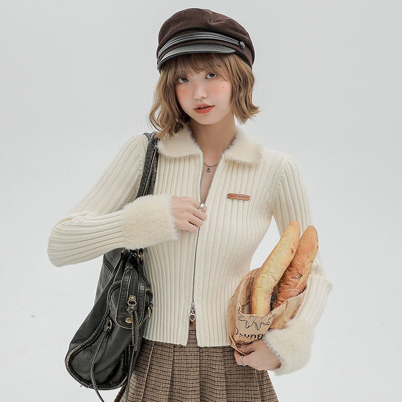 Girlyhalo Slim-fit Lapel Zip-up Sweater