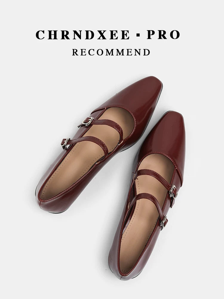 CHRNDXEE Square Head Retro Double Buckle with Light Mouth Single Shoes
