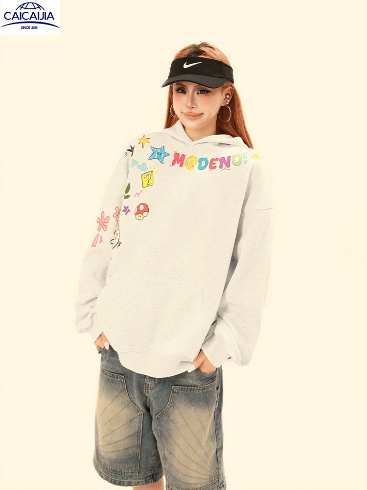 Kenvibe Vintage Graffiti Cartoon Print Fleece Sweater
