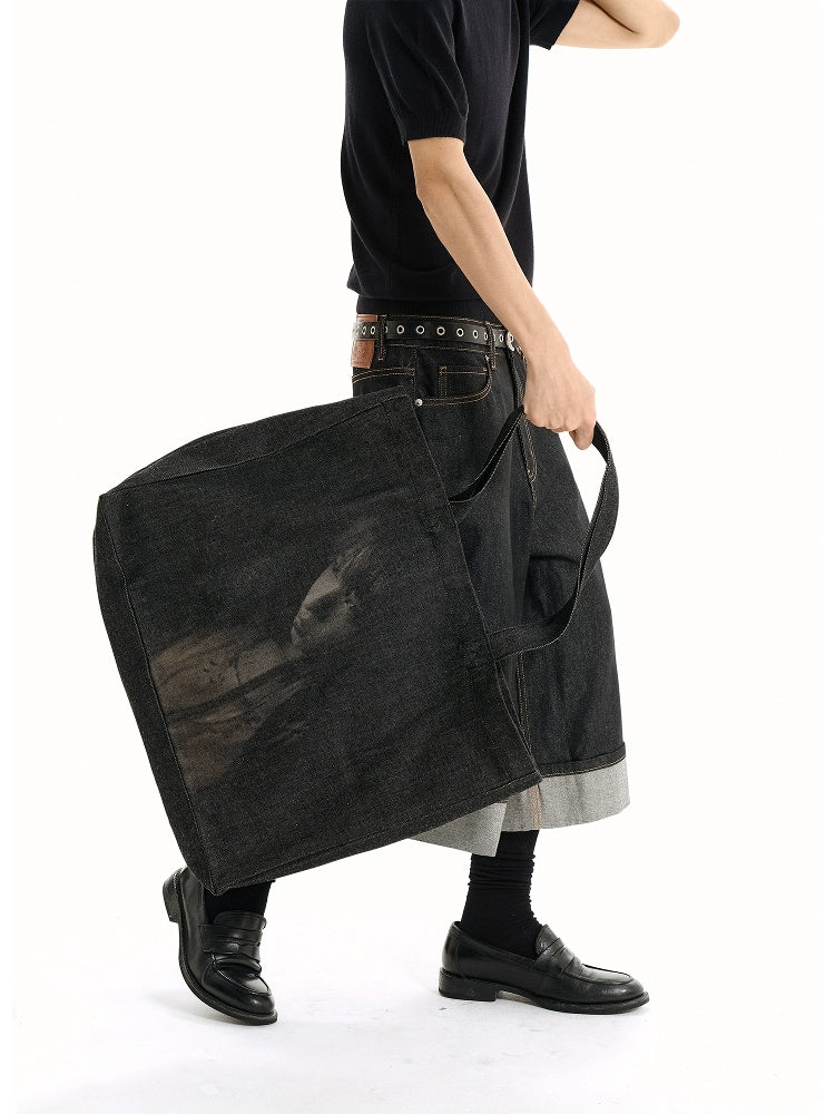WANNA LAB Portrait Laser Burned Denim Tote Bag Large Capacity