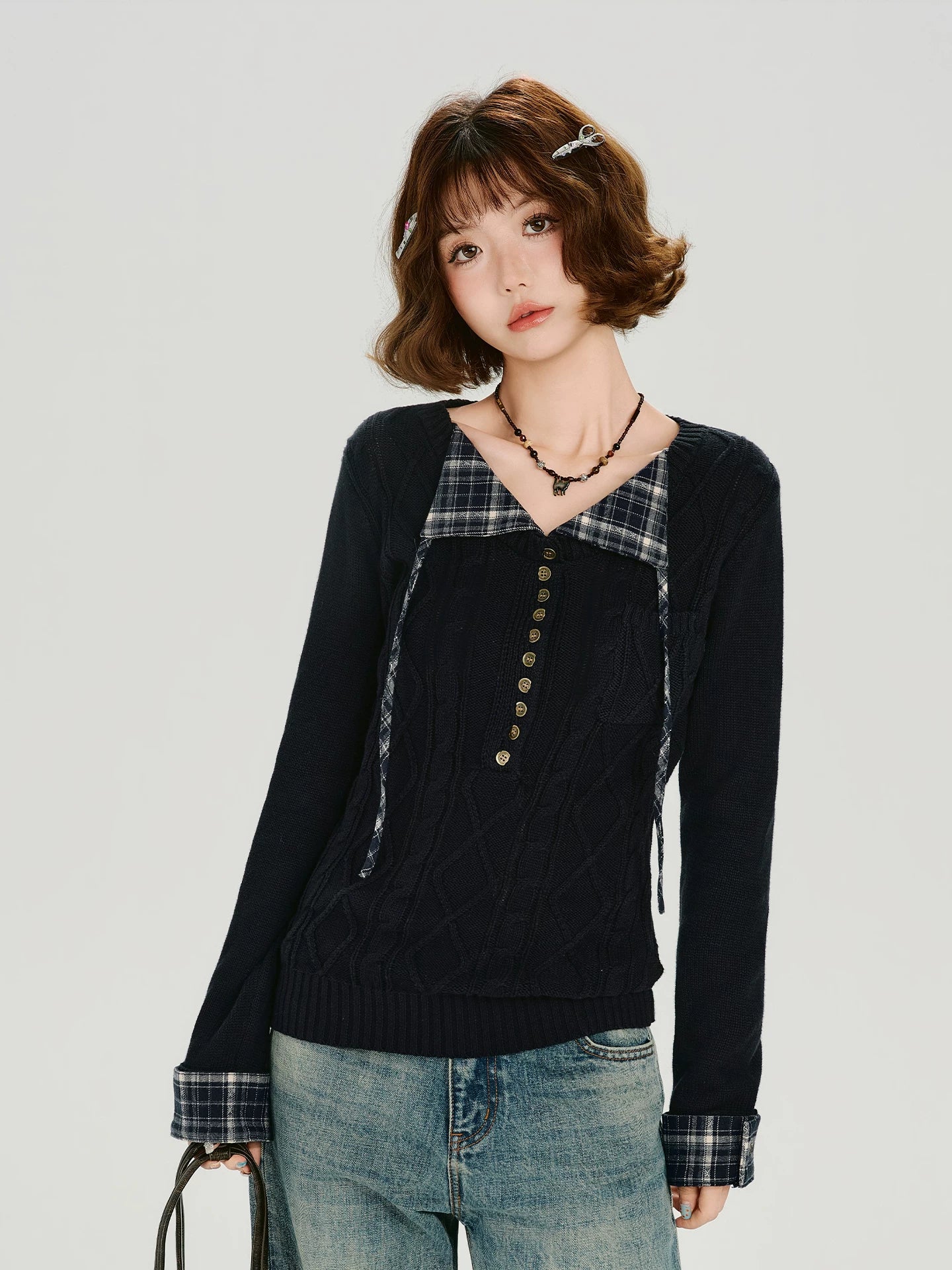Girlyhalo Vintage Plaid Lapel Knitted Twist Long Sleeve