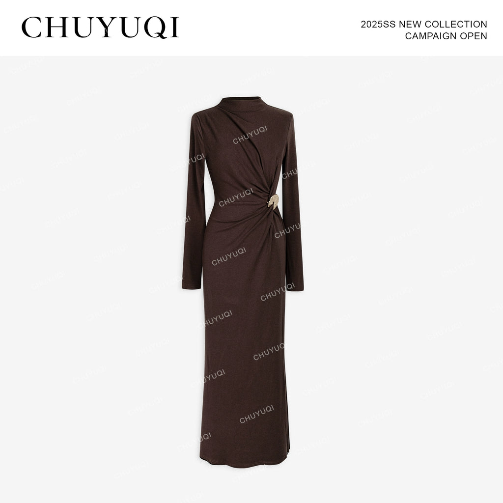 CHUYUQI Semi-turtleneck Pleated Slim-fitting Long-sleeved Dress