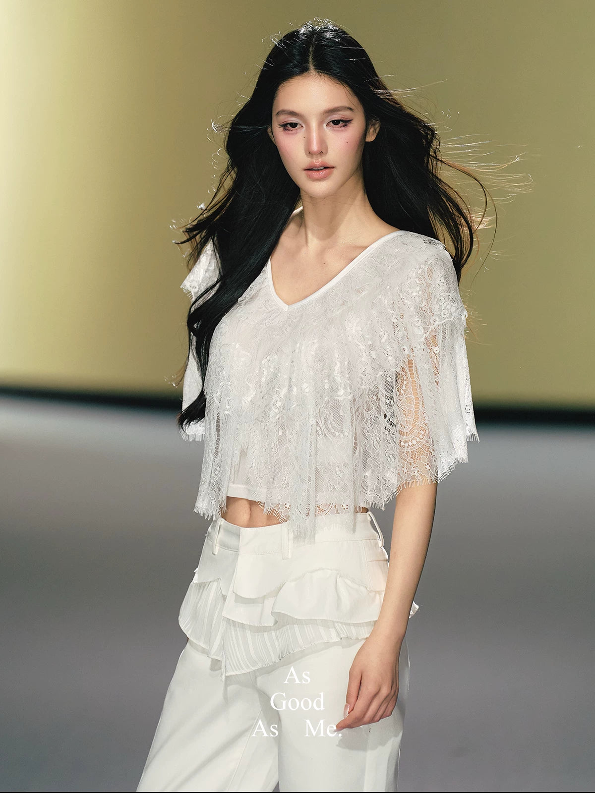 AGAM V-neck Multi-layer Lace Tee