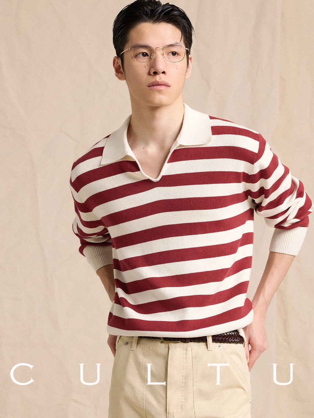 CULTUM Lapel Knit Striped Long Sleeve