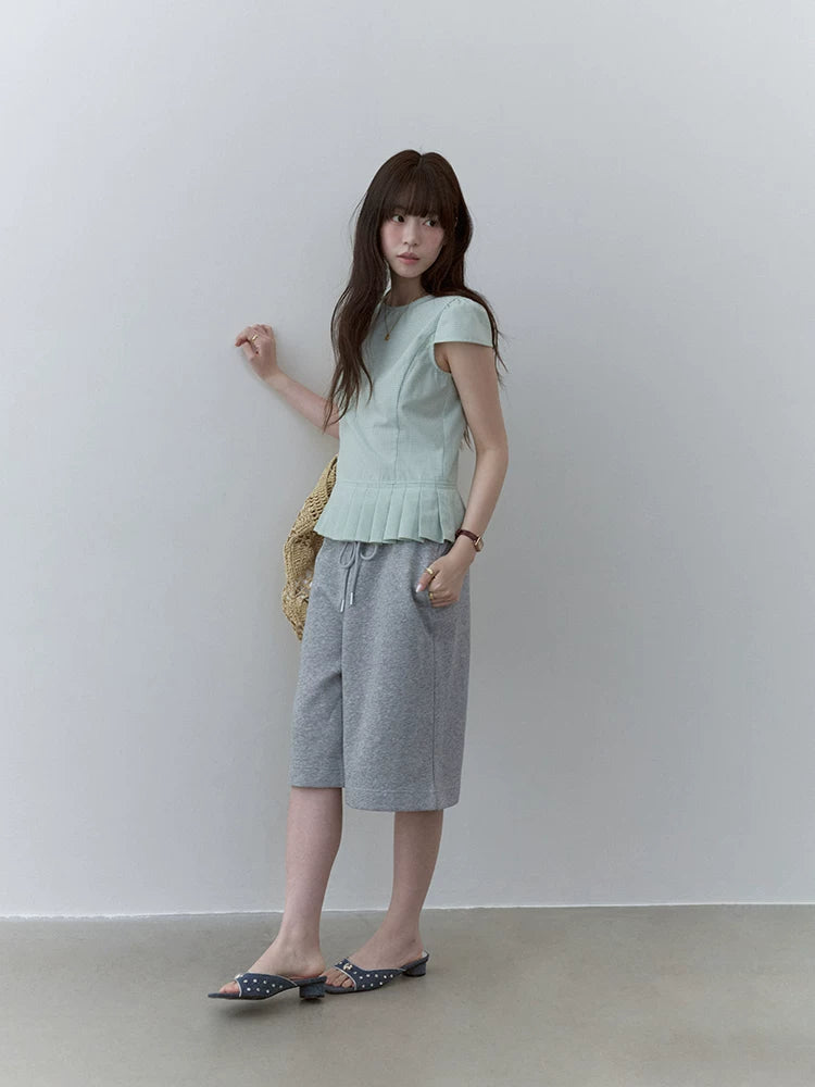 VOOE Contrast Checked Pleated Crew Neck Shirt