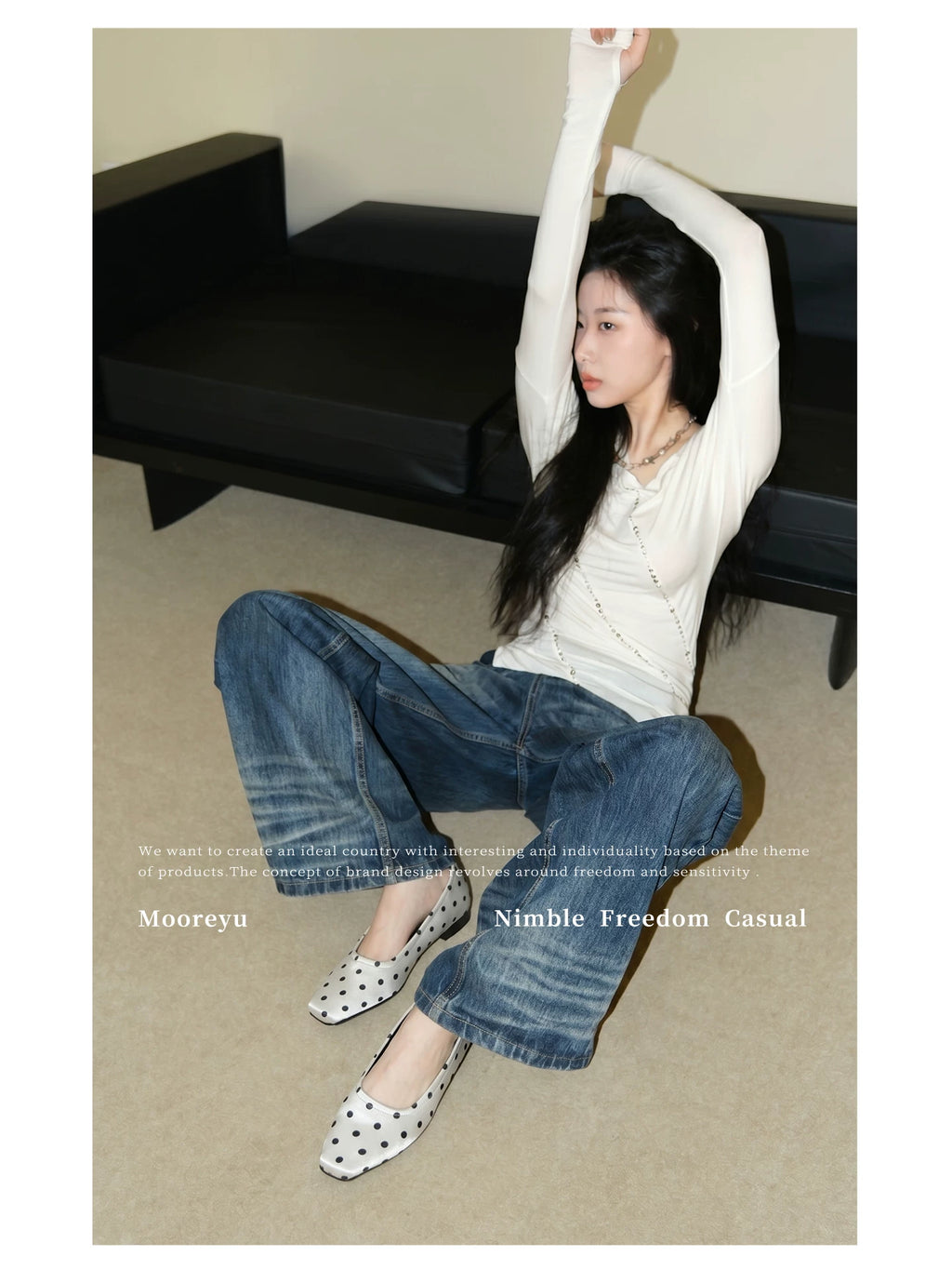 Mooreyu Retro Polka Dot Square Head Shallow Mouth Versatile Single Shoes