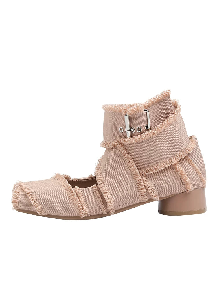 CHRNDXEE low-heeled vintage fringed cross-strap Mary Jane shoes