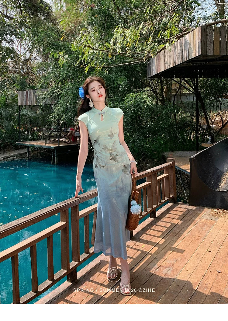 ZIHE Ink Butterfly Gradual Change Cheongsam Dress