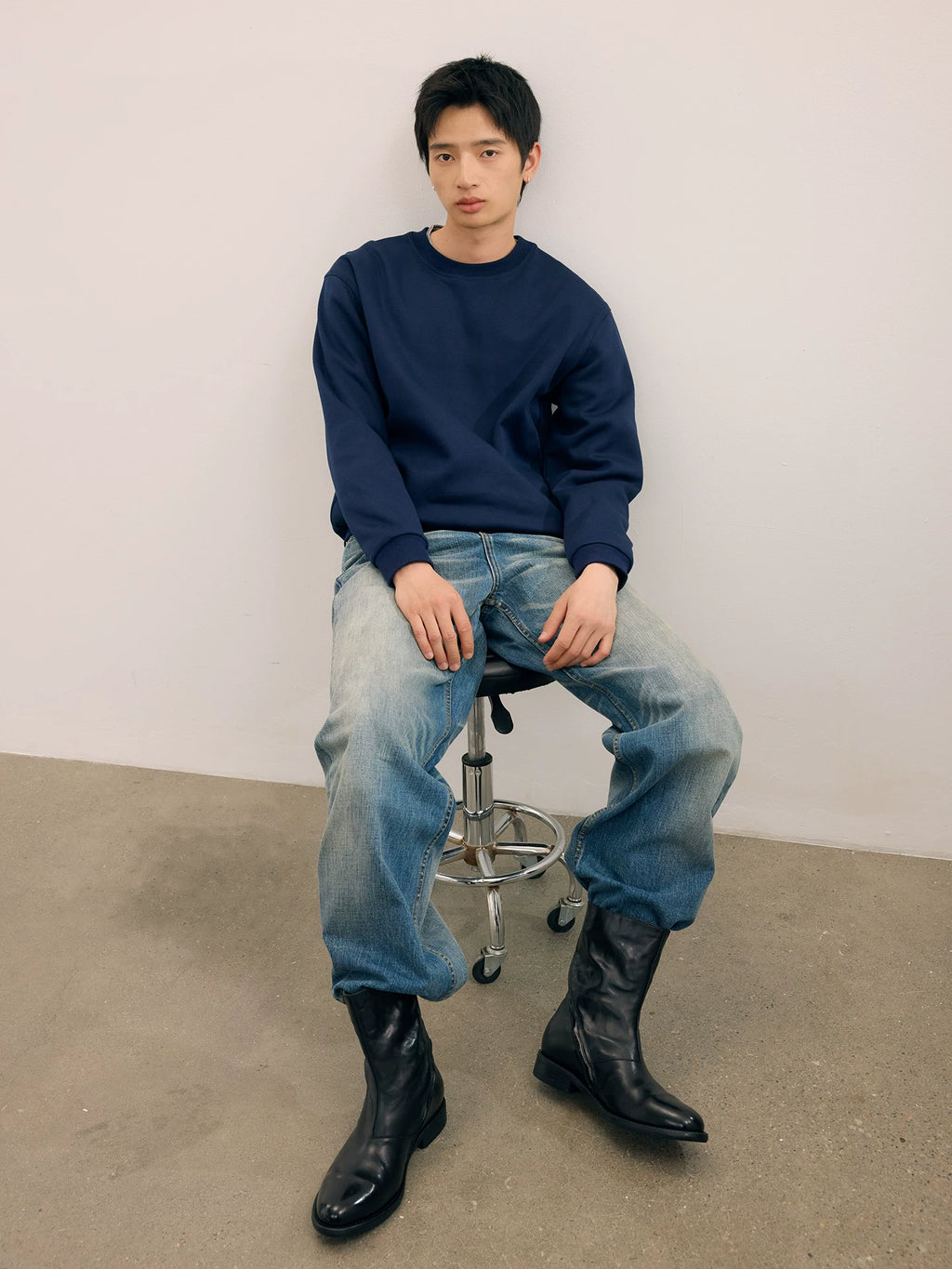 NO LOGO Diagonal Zipper Leather Pleated Heightening Pointed Chelsea Boots