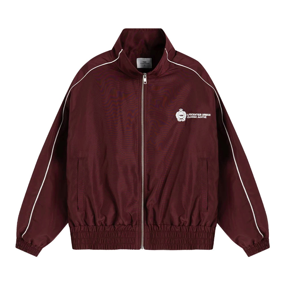 Loopsoon Front and Rear Print Contrasting Striped Stand-up Jacket