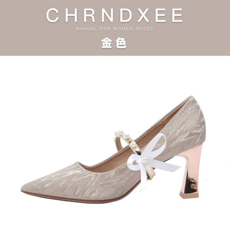 CHRNDXEE Bow Pearl One-word Strap High Heels