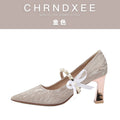 CHRNDXEE Bow Pearl One-word Strap High Heels